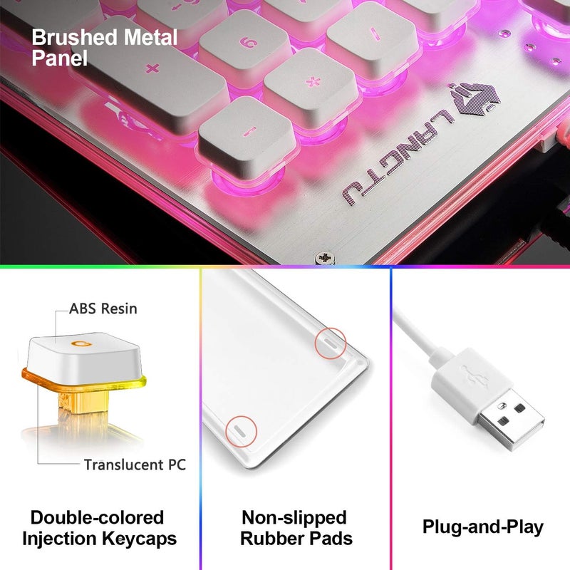 LANGTU Membrane Gaming Keyboard, Rainbow LED Backlit Quiet Keyboard for Office, USB Wired All-Metal Panel 25 Keys Anti-ghosting Computer Keyboard 104 Keys - L1 White/Silver - Image 3